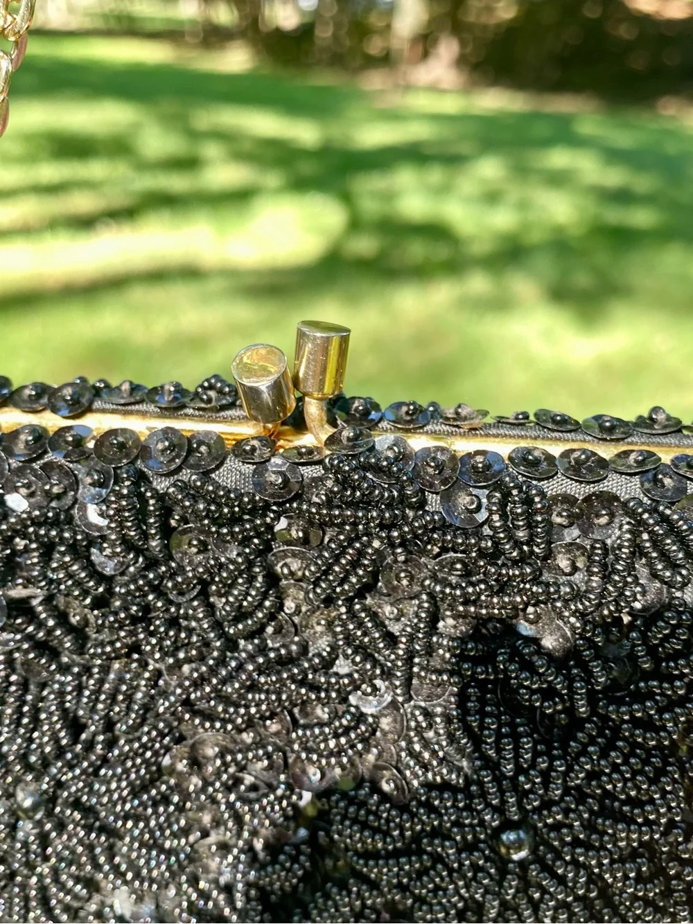Hand-Beaded Black Prairie Clutch with Gold Chain